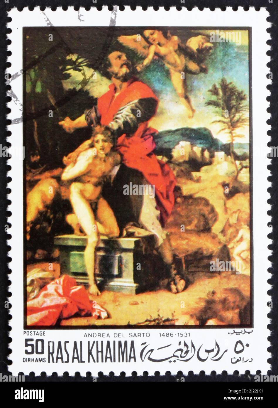 RAS AL-KHAIMAH - CIRCA 1970: a stamp printed in the Ras al-Khaimah shows The Sacrifice of Abraham, Painting by Andrea del Sarto, circa 1970 Stock Photo