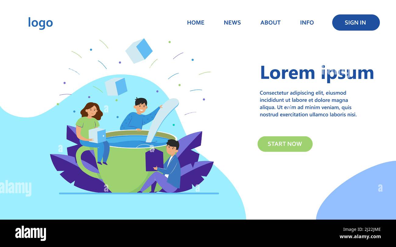 Happy people mixing sugar in big cup of tea. Spoon, office, lunch flat