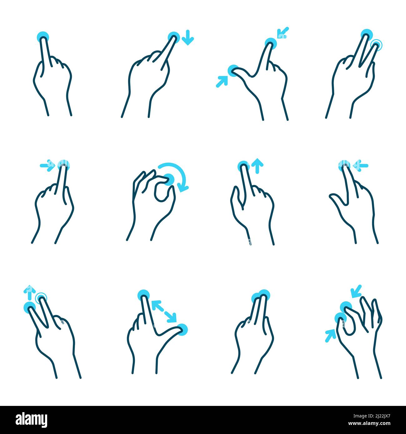 Different phone hand gestures set. Modern finger motions for touchscreen vector illustration collection. Touching, swiping and pinching. Digital techn Stock Vector