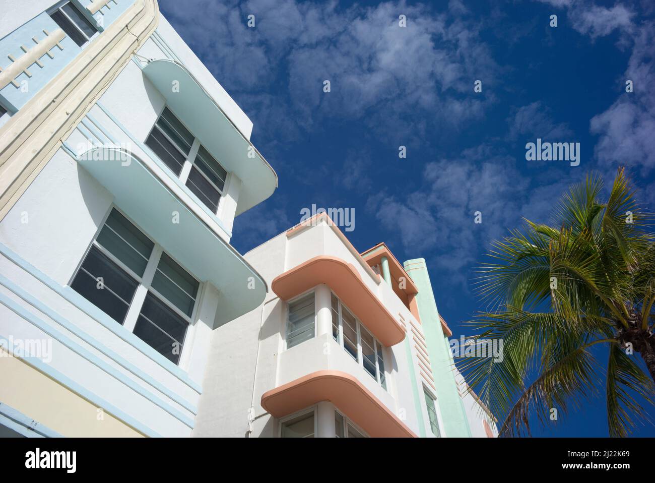 Detail of Art deco buildings on Ocean Drive in Miami Stock Photo