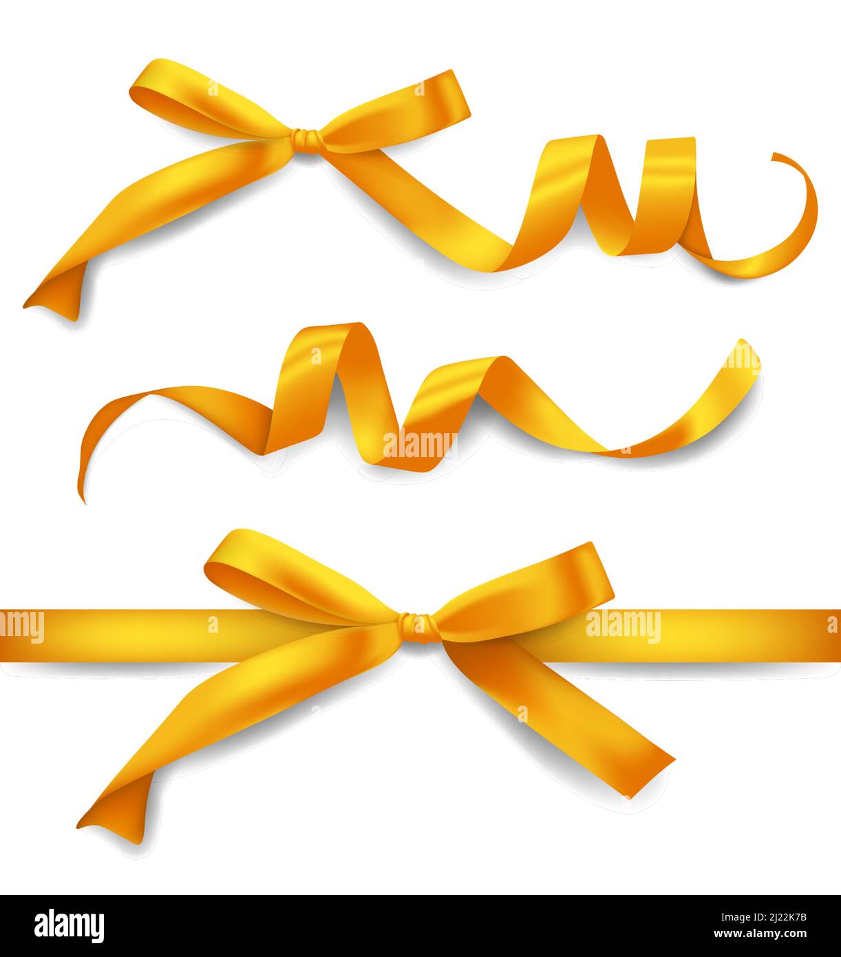 Realistic golden ribbons set with bows, decoration for gift boxes, design element Stock Vector