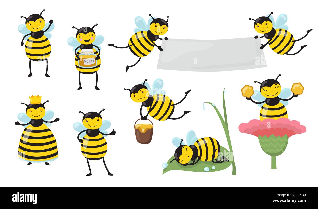 Funny cartoon bee in different actions set. Yellow honeybee flying, waving hello, producing honey, sleeping, showing banner. Vector illustrations for Stock Vector