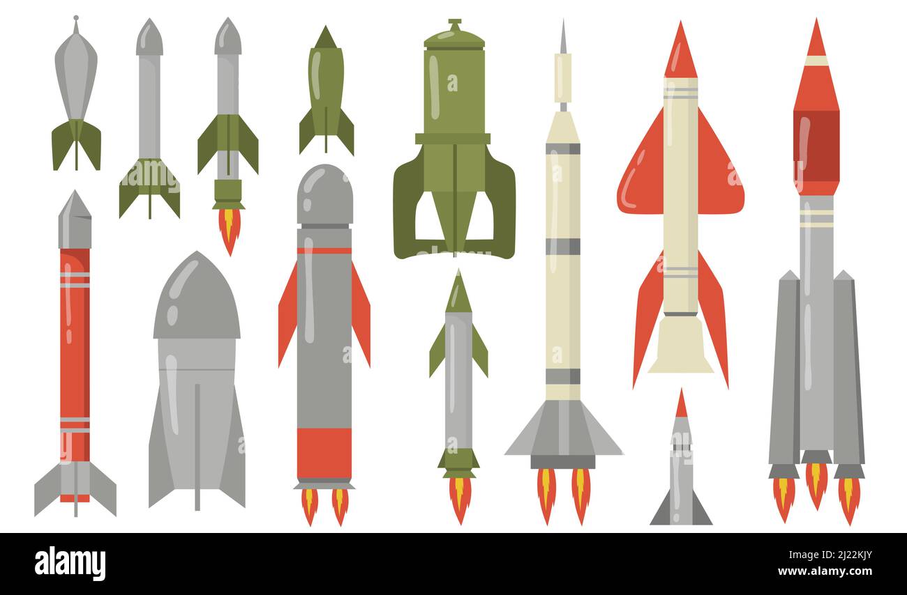 Various ballistic missiles flat icon set. Dangerous explosive military rocket for air strike isolated vector illustration collection. Army weapons, wa Stock Vector