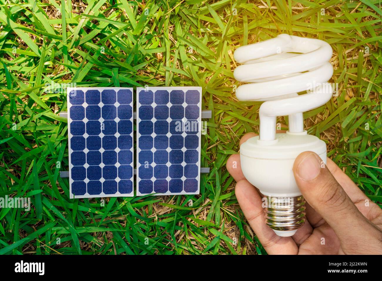 Holding a lamp next to a photovoltaic solar panel on grass background ...