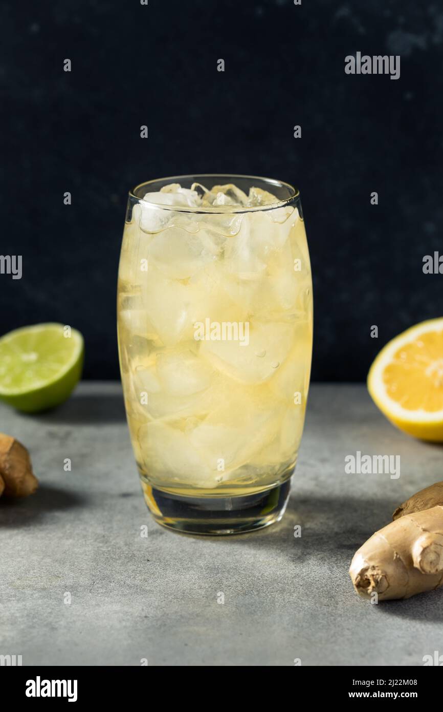 Cold Refreshing Ginger Beer in a Glass with Lime and Lemon Stock Photo