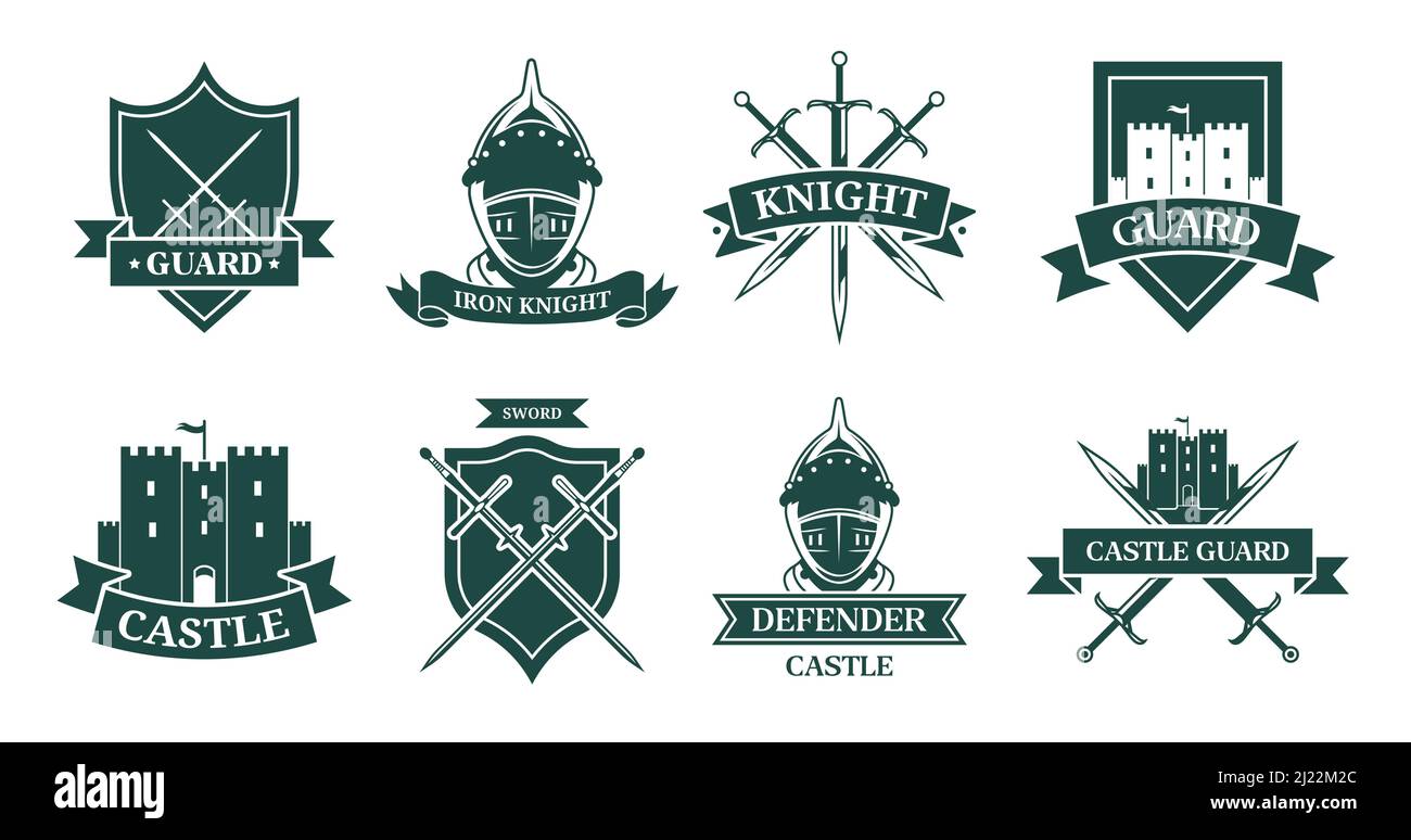 Ancient knight or fighter monochrome flat sign set. Medieval emblem and shield with warrior armor, helmet, swords or castle vector illustration collec Stock Vector