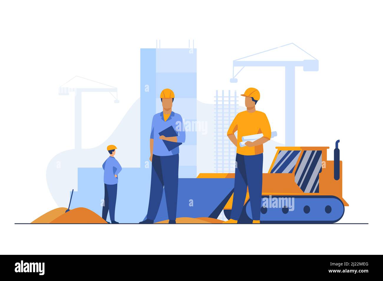 Builders in helmets working at construction site. Machine, building ...