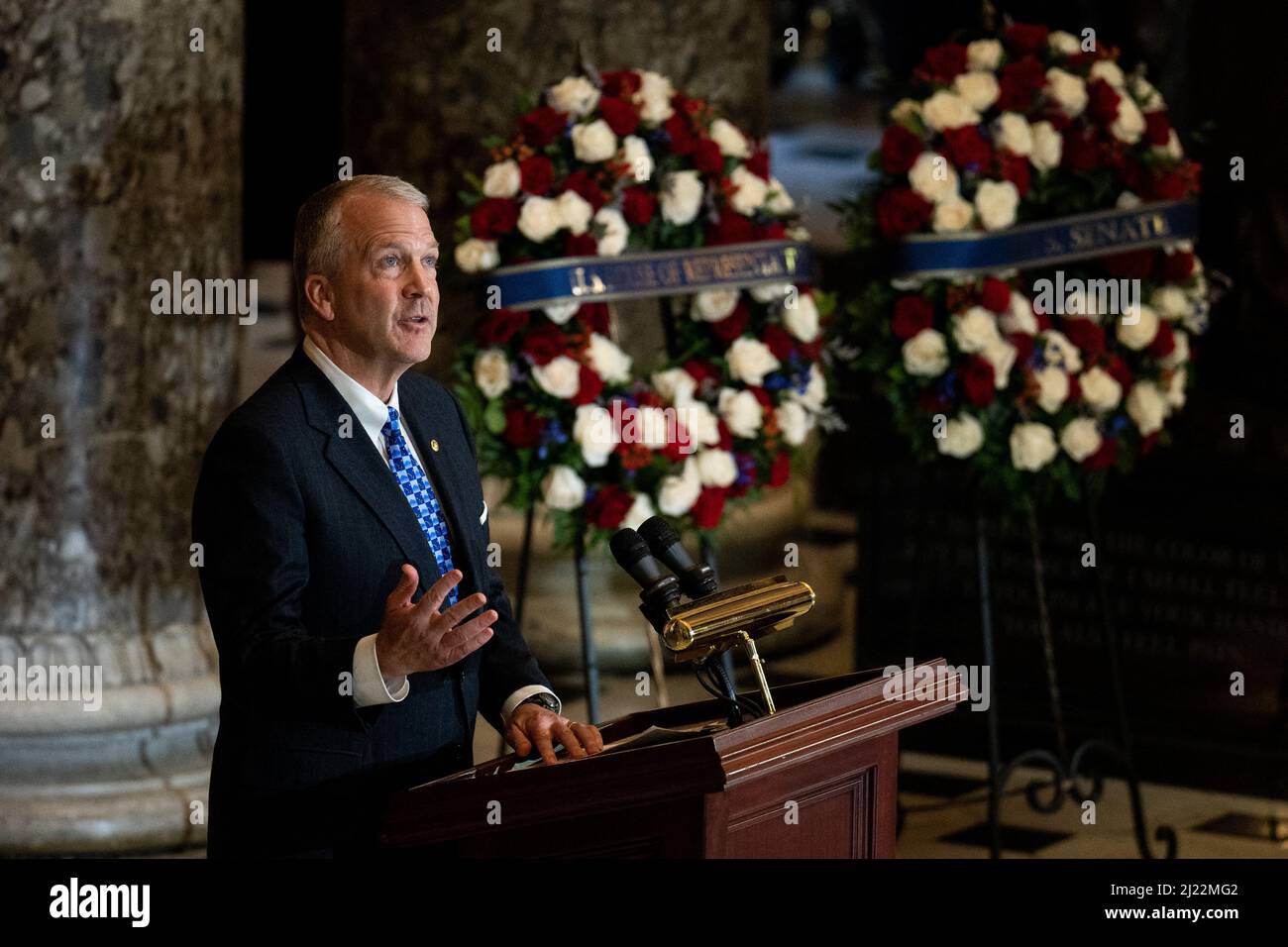 Washington, D.C., 29 March 2022. Sen. Dan Sullivan, R-Alaska, speaks during the ceremony for Rep. Don Young (R-Alaska) to lie in state in National Statuary Hall in the U.S. Capitol on Tuesday, March 29, 2022. Photo by Bill Clark/Pool/ABACAPRESS.COM Stock Photo