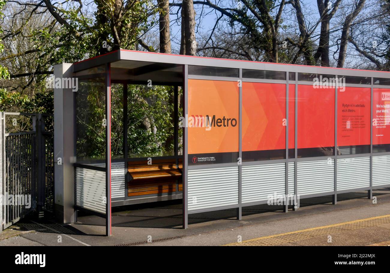 Radyr, Wales - March 2022: New waiting shelter on the platform at Radyr railway station. The improvement is part of the South Wales Metro Stock Photo