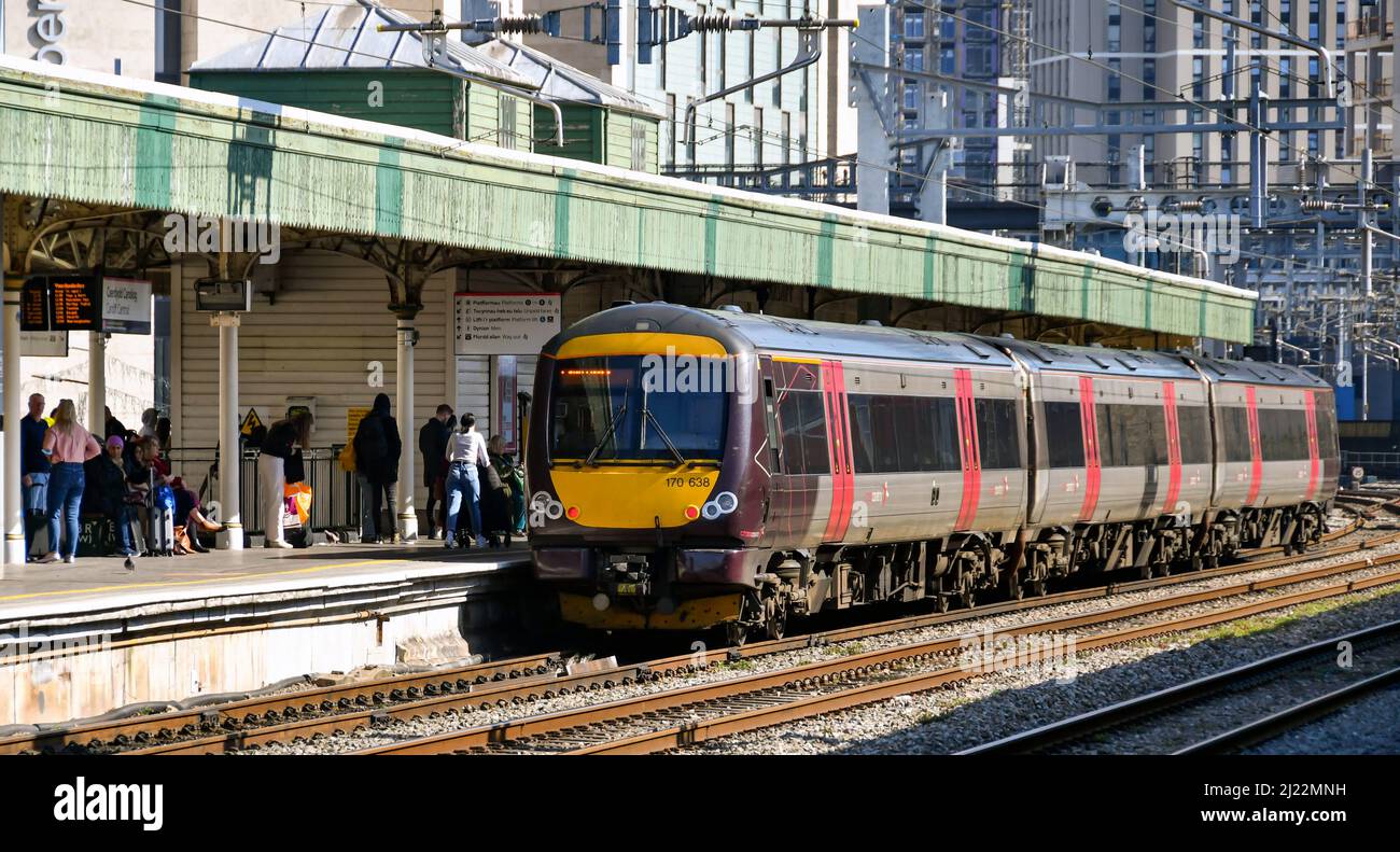 Cardiff, Wales - March 2022: Diesel commuter train stopped at Cardiff Central railway station Stock Photo