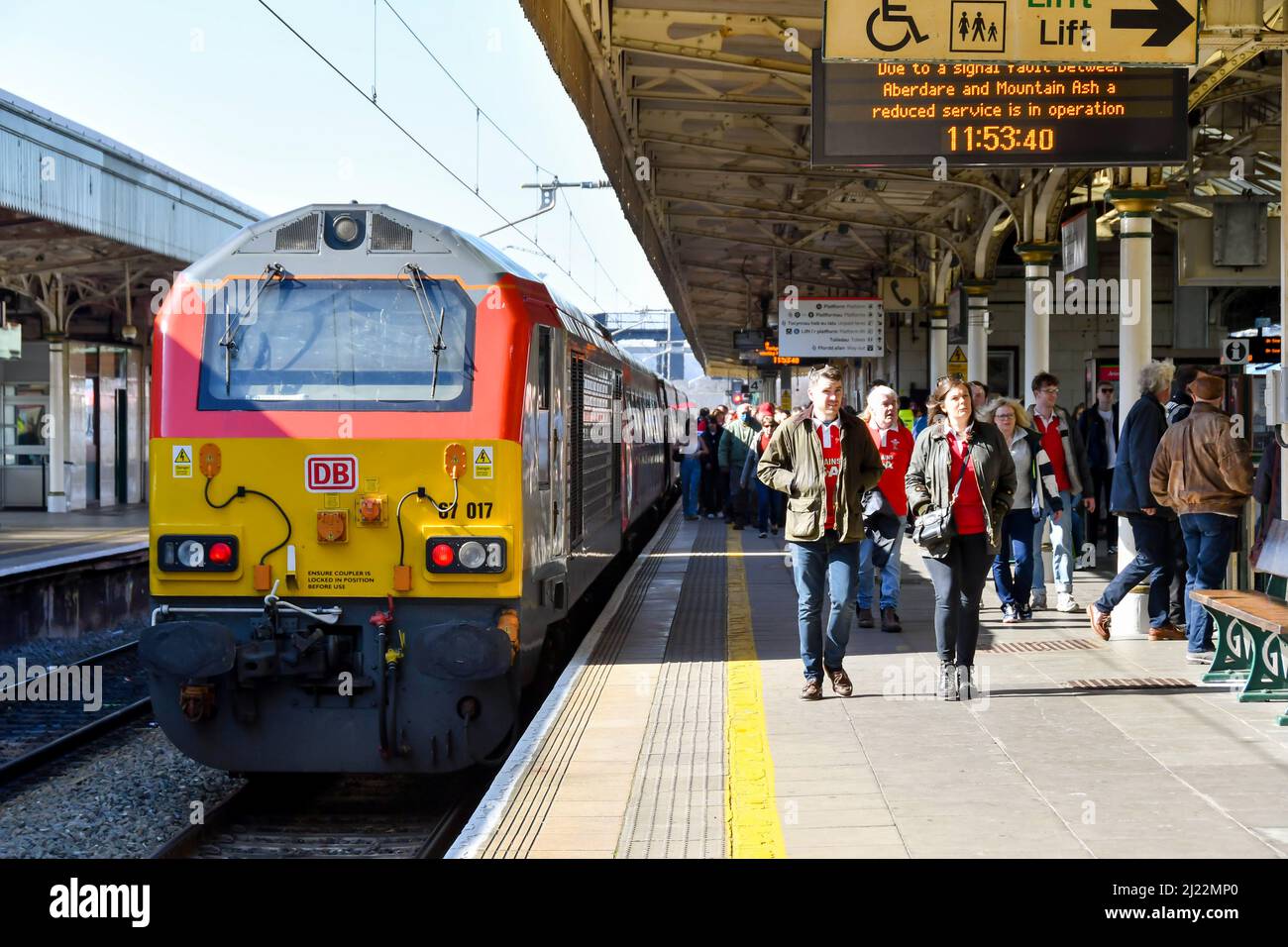 Cardiff, Wales - March 2022: People arriving at Cardiff Central railway station for a rugby match Stock Photo