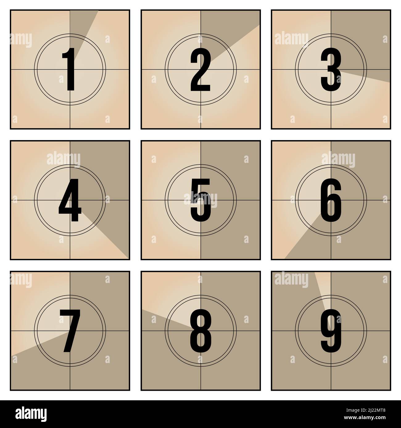 Vintage film frame countdown set. Retro video number sequence and counter frames vector illustration collection. Cinematography and television concept Stock Vector
