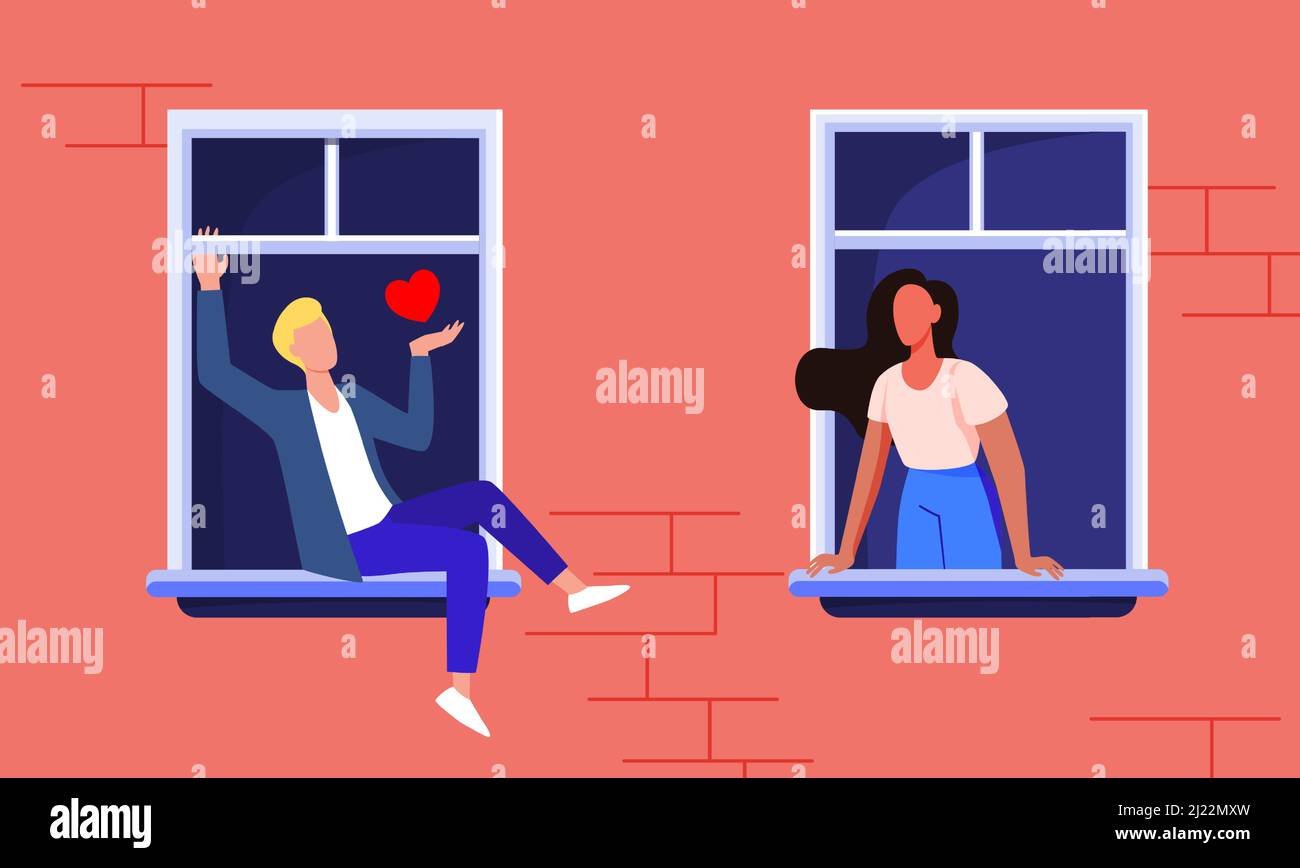 Couple dating through windows. Facade view, neighbor man and woman staying at home and talking flat vector illustration. Romance, quarantine concept f Stock Vector