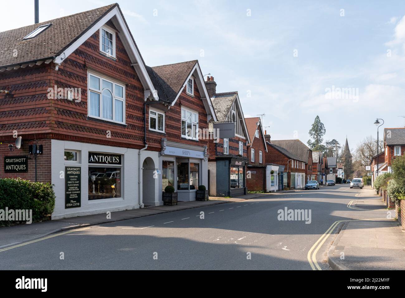 View of Grayshott village along Crossways Road in Hampshire, England