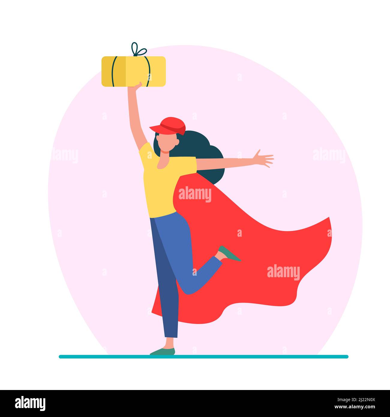 Cheerful female courier in superhero cape. Woman in baseball cap holding parcel flat vector illustration. Delivery, logistic service concept for banne Stock Vector