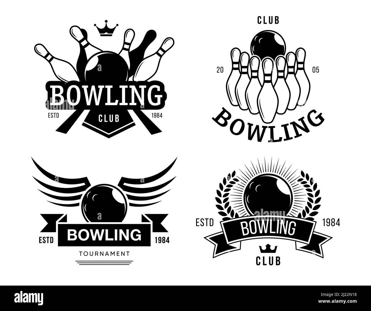 Bowling club labels set. Monochrome emblem templates with text, ball