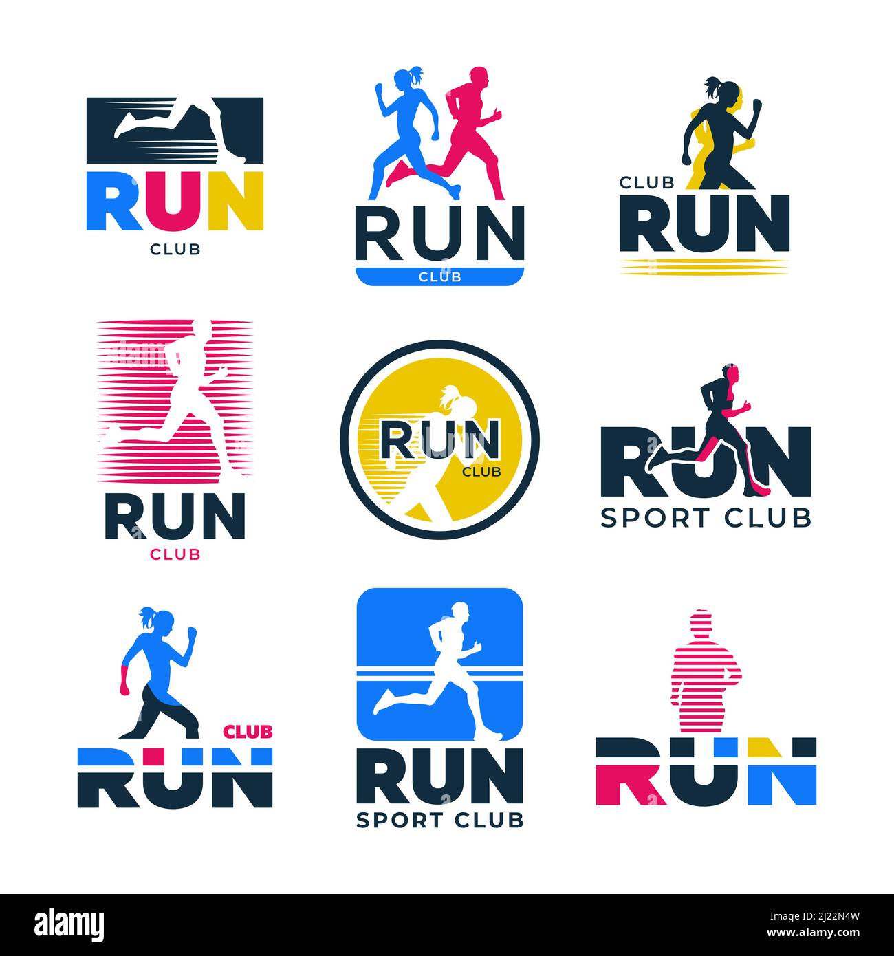 Vetor de Running Sport Club Logo Set, I Love Run Retro Hand Drawn