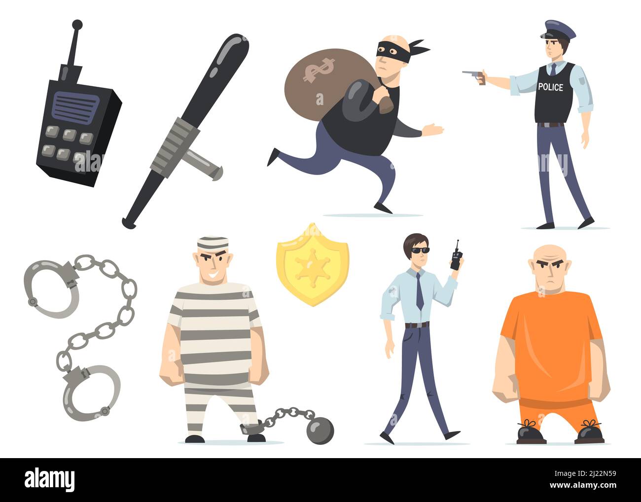Criminals and police officers set. Burglar with money, prisoners in orange or striped uniforms, jail security, policeman with gun. Isolated vector ill Stock Vector