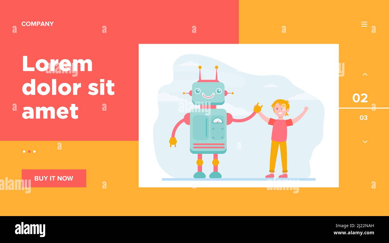 Happy boy rising hands with robot. Engineering, future, knowledge flat vector illustration. Technology and robotic industry concept for banner, websit Stock Vector