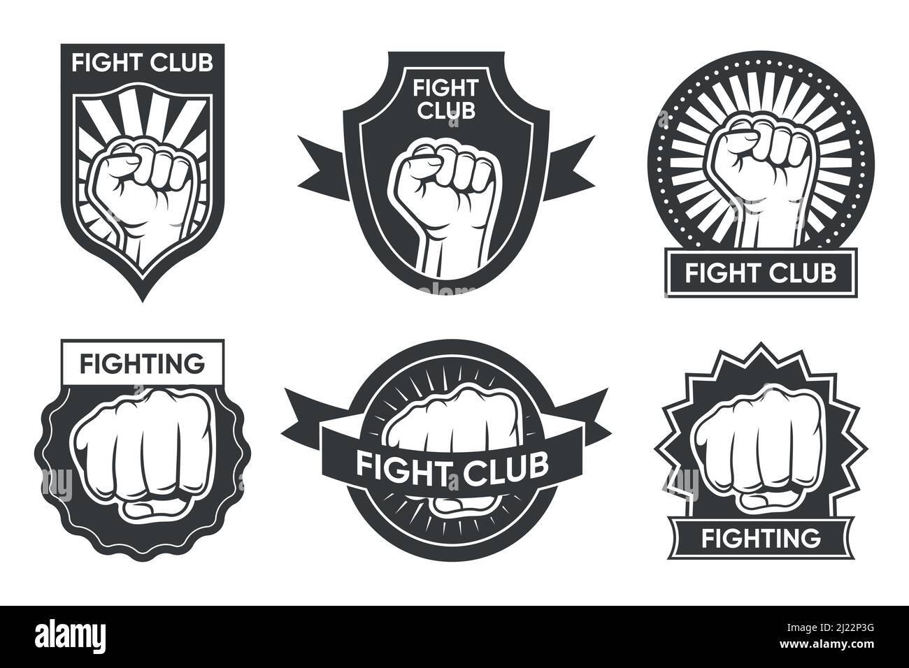 Fight club logo set. Vintage monochrome emblems with arm and clenched ...