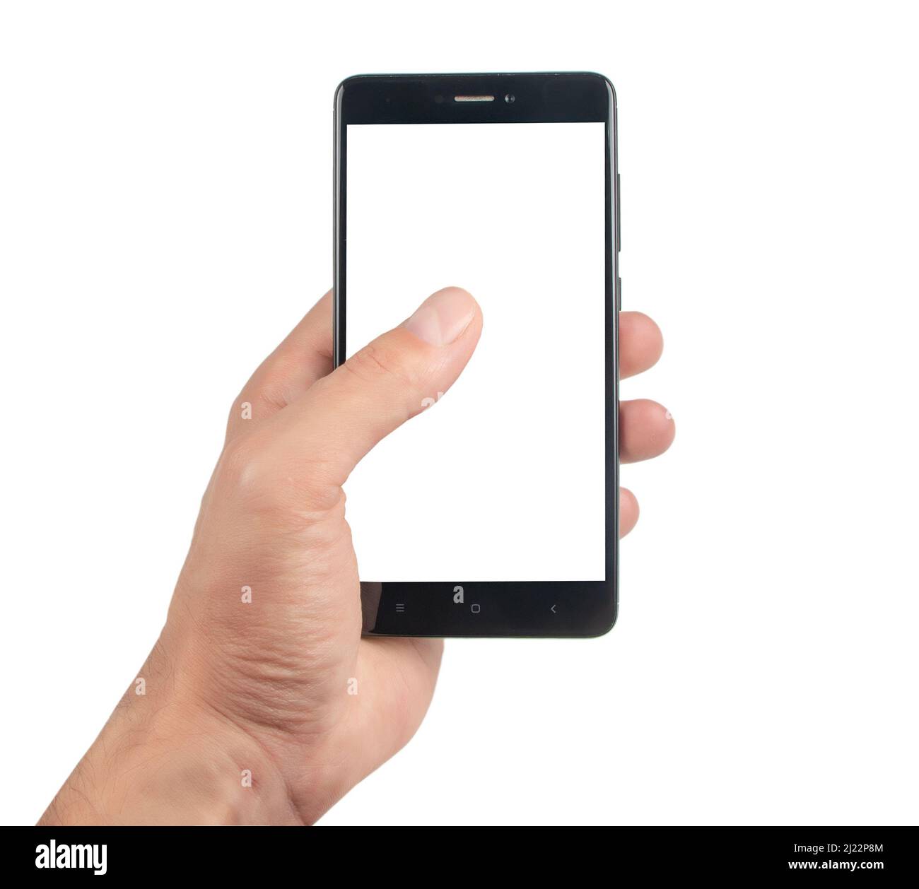 Hand holding black smartphone isolated on white background Stock Photo ...
