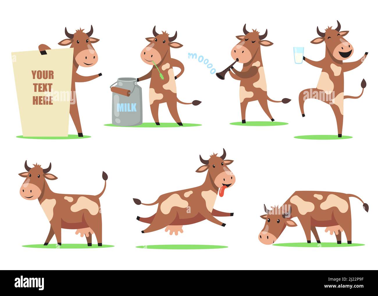 Funny cartoon cow set. Cute smiling animal character in different action, happy cow dancing with glass of milk, chewing grass, having fun. For farm an Stock Vector