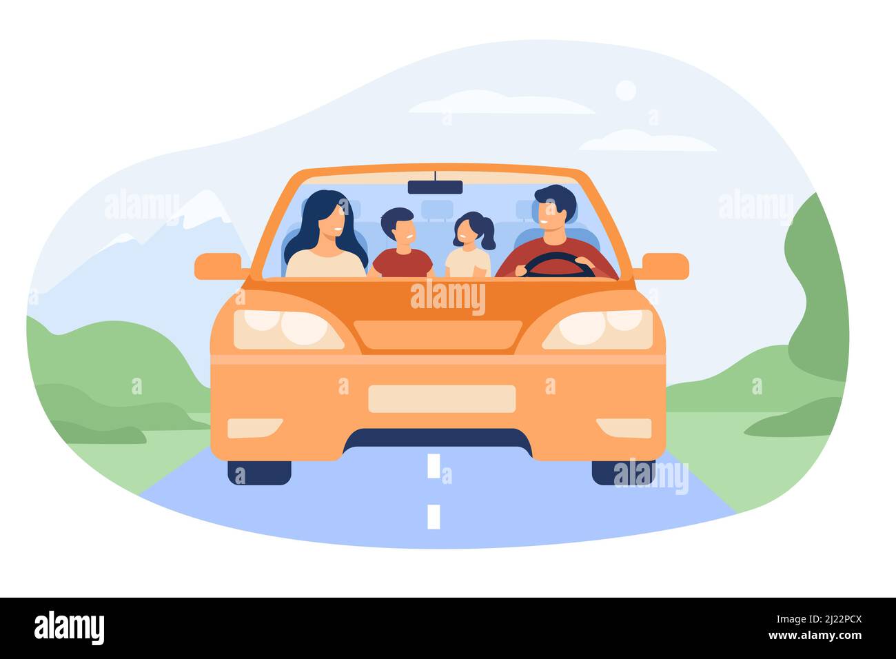 Happy family travelling in automobile isolated flat vector illustration.  Front view of cartoon father, mother, son and daughter in car. Vacation and  w Stock Vector Image & Art - Alamy