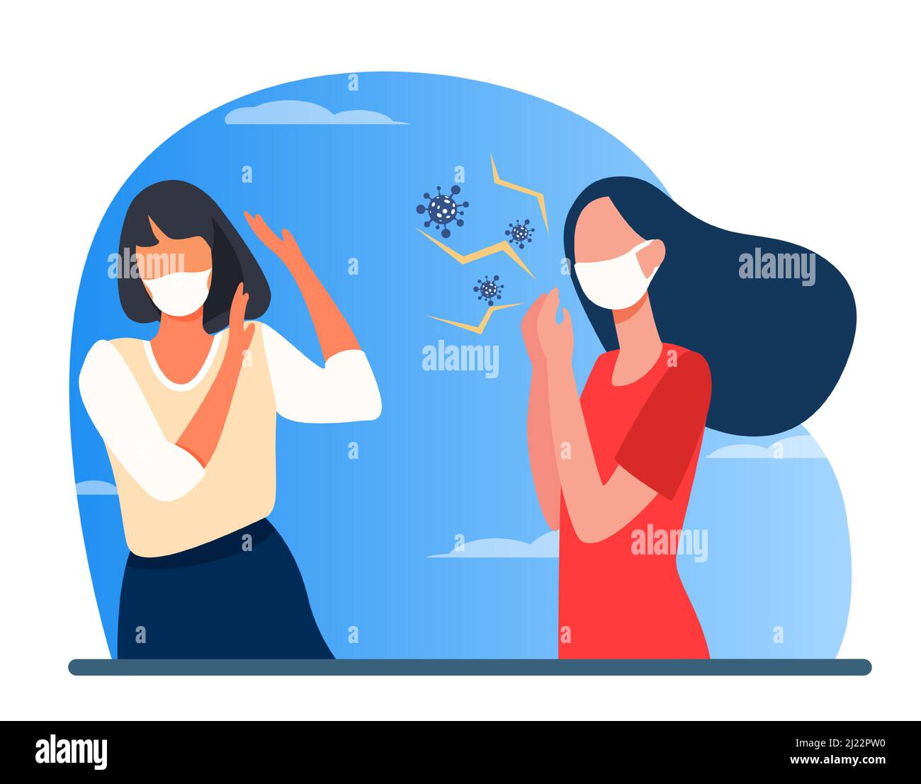 Infected woman in mask coughing. Virus spread, social distance violation flat vector illustration. Coronavirus, epidemic, infection concept for banner Stock Vector