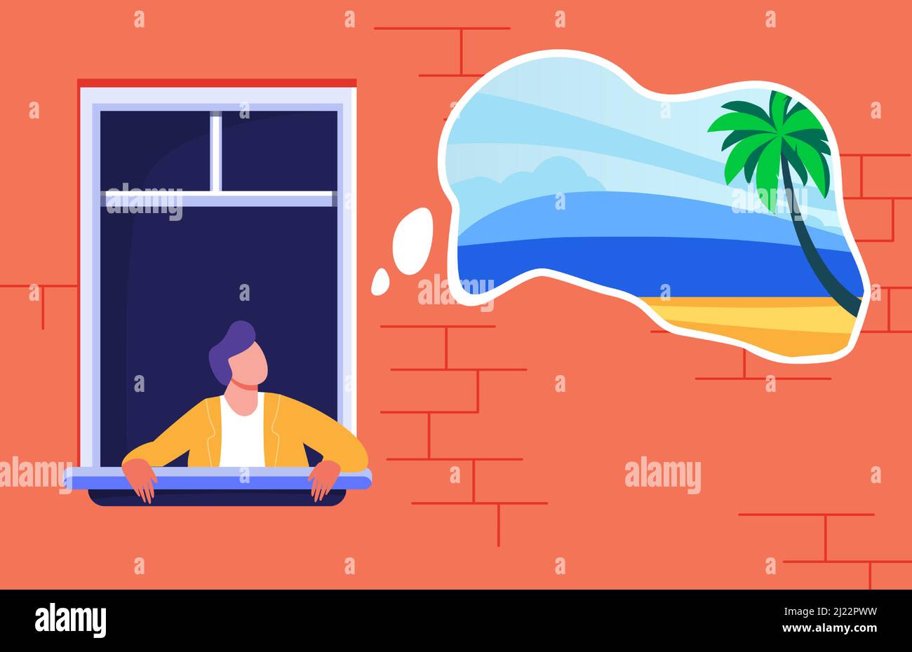 Man staying at home and dreaming about tropical vacation. Palms and beach in thought bubble flat vector illustration. Lockdown, travel ban concept for Stock Vector