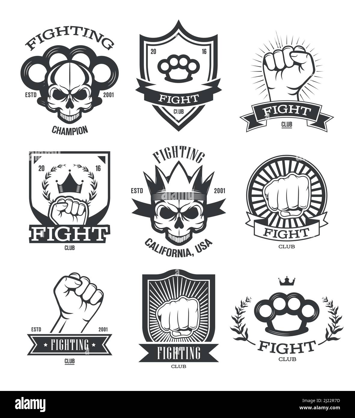 Gangsta tattoo flat emblems set. Street gang member and gangster patches with skull, gun, fist or knuckle-duster isolated vector illustration collecti Stock Vector