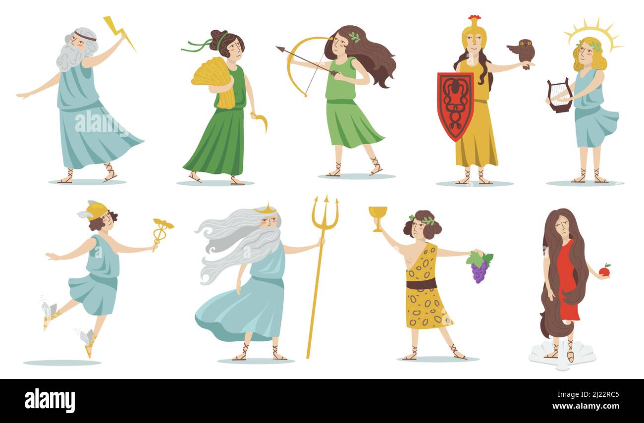 Olympian gods and goddesses. Poseidon, Venus, Hermes, Athena, Cupid, Zeus, Apollo, Dionysus. For Greek mythology, ancient Greece culture concept. Isol Stock Vector