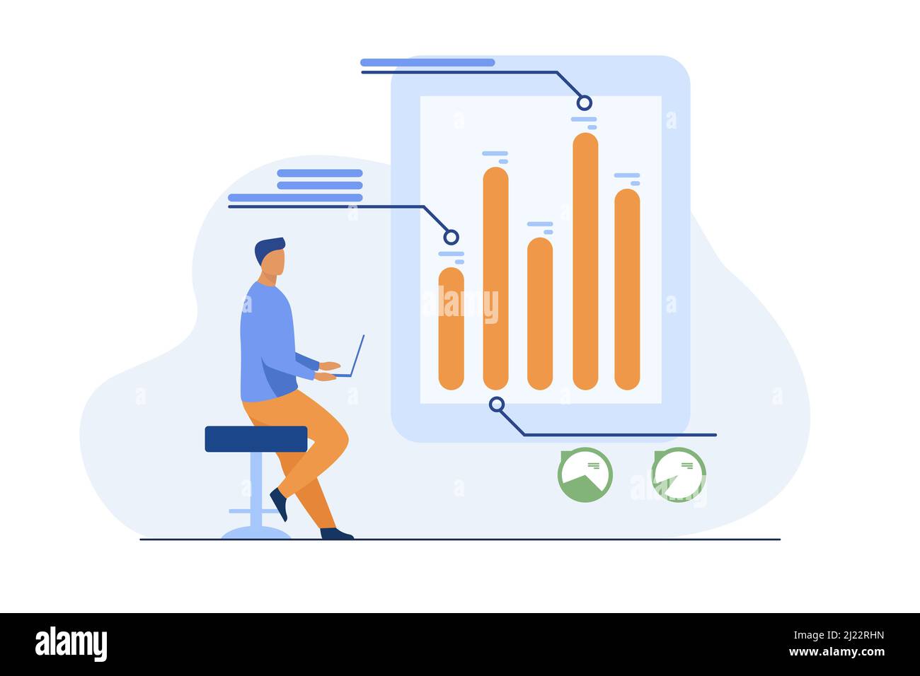 Man with laptop analyzing infographics. Diagram, bar chart, report flat vector illustration. Analysis, marketing, project manager concept for banner, Stock Vector