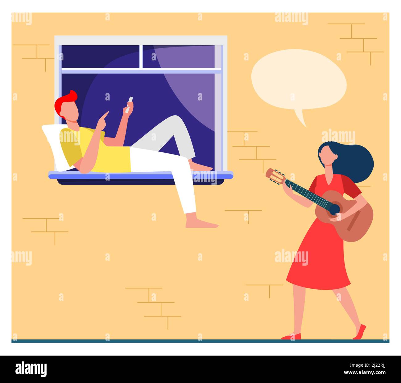 Man with phone relaxing on windowsill. Woman walking past him, playing guitar flat vector illustration. Communication, friend, leisure concept for ban Stock Vector