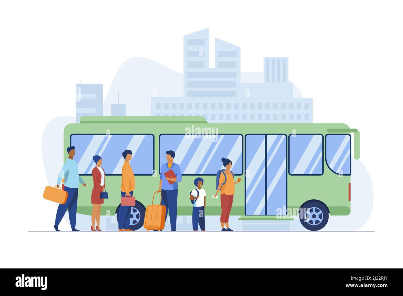 Passengers waiting for bus in city. Queue, town, road flat vector illustration. Public transport and urban lifestyle concept for banner, website desig Stock Vector