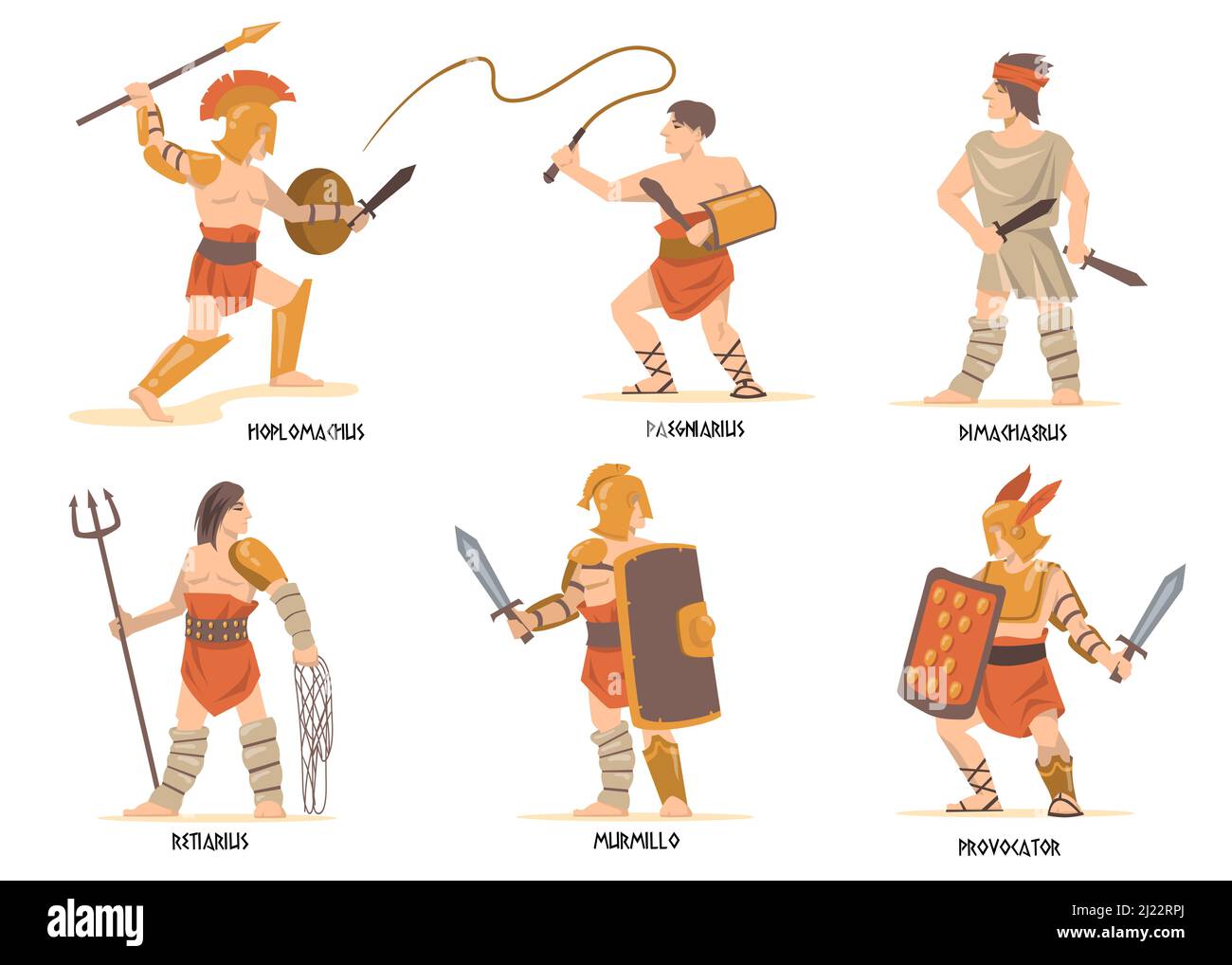 Gladiators characters set. Ancient Roman and Greek warriors, mythology characters, Spartan soldiers with swords and shields. Vector illustration for h Stock Vector