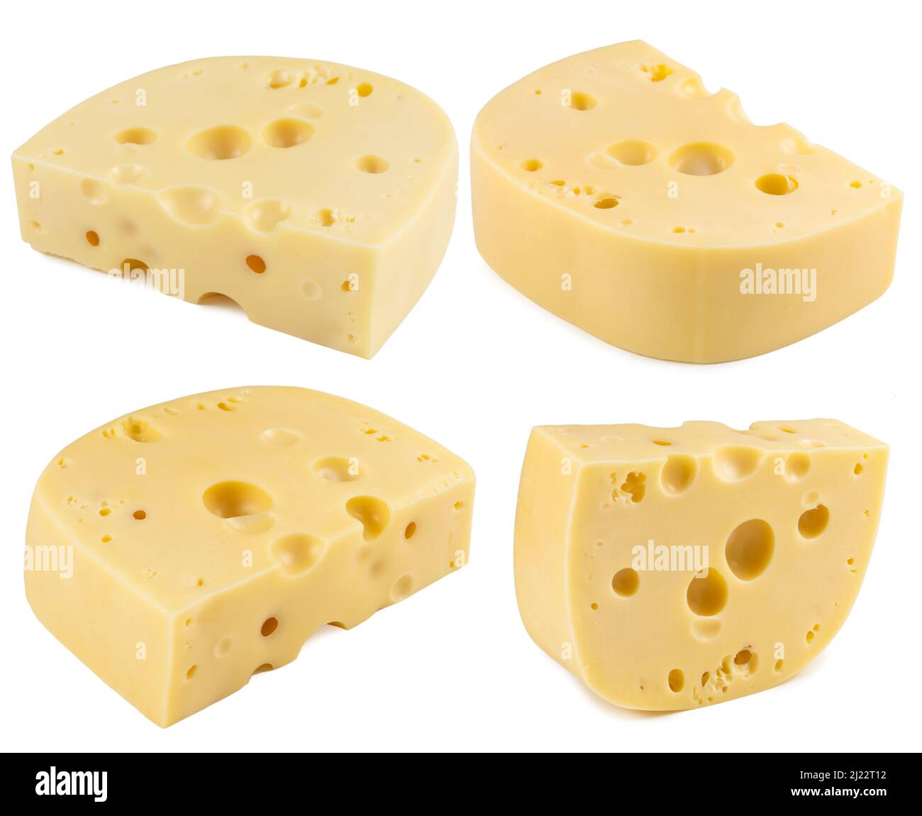 Swiss or Dutch holey cheese wedge, cubes and slices isolated on white. Stock Photo