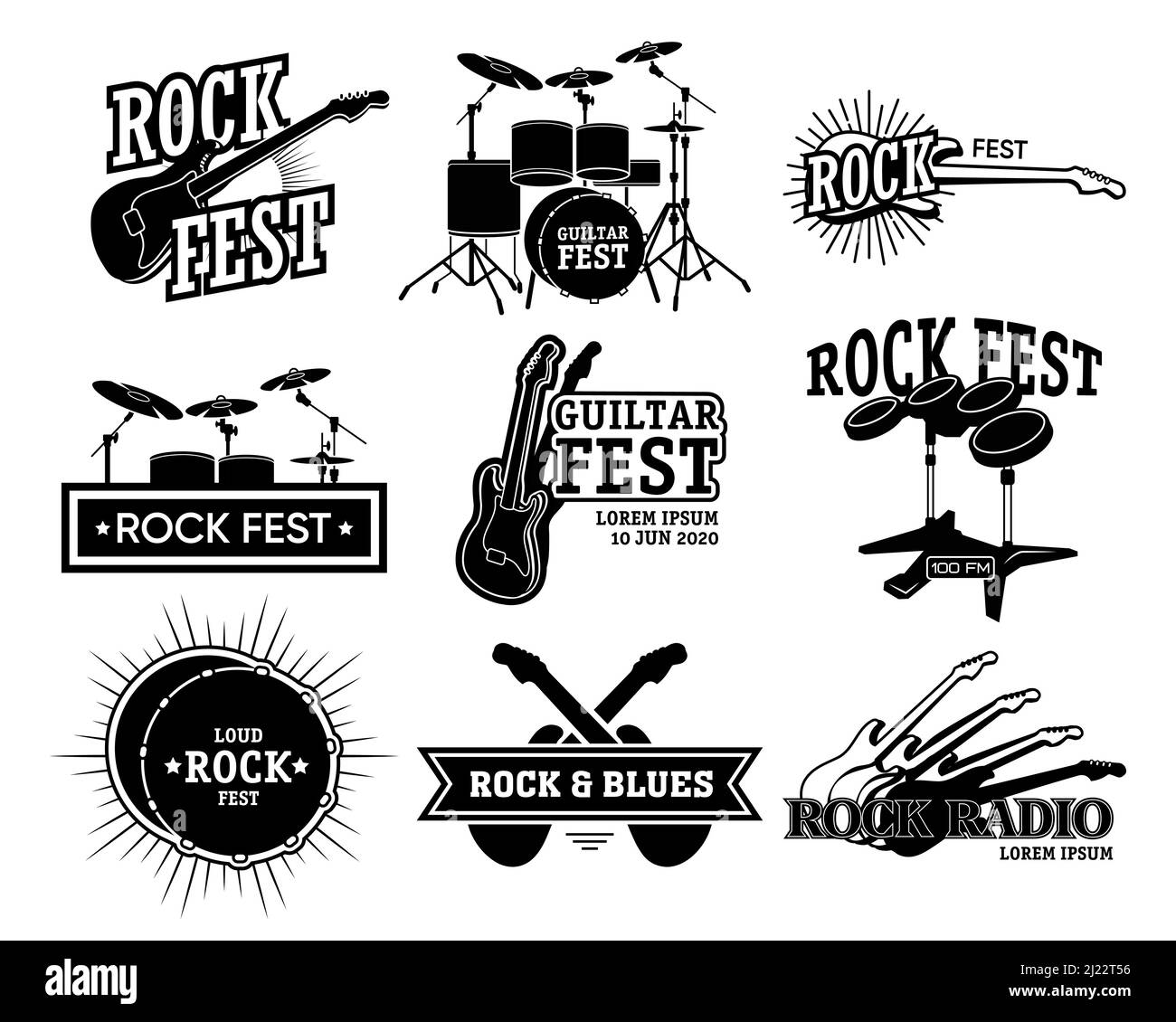 Rock music retro emblem collection. Monochrome isolated illustrations of guitar and drums, rock fest and radio text. For concert announcement, blues b Stock Vector