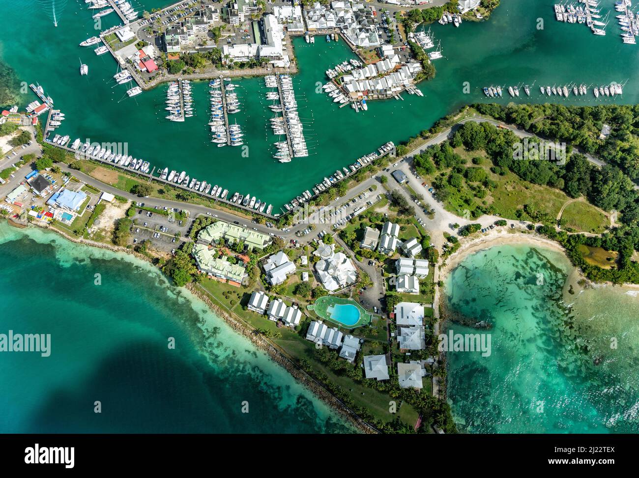 Aerial view of Marina Bas-du-Fort, Pointe-à-Pitre, Grande-Terre, Guadeloupe, Lesser Antilles, Caribbean. Stock Photo