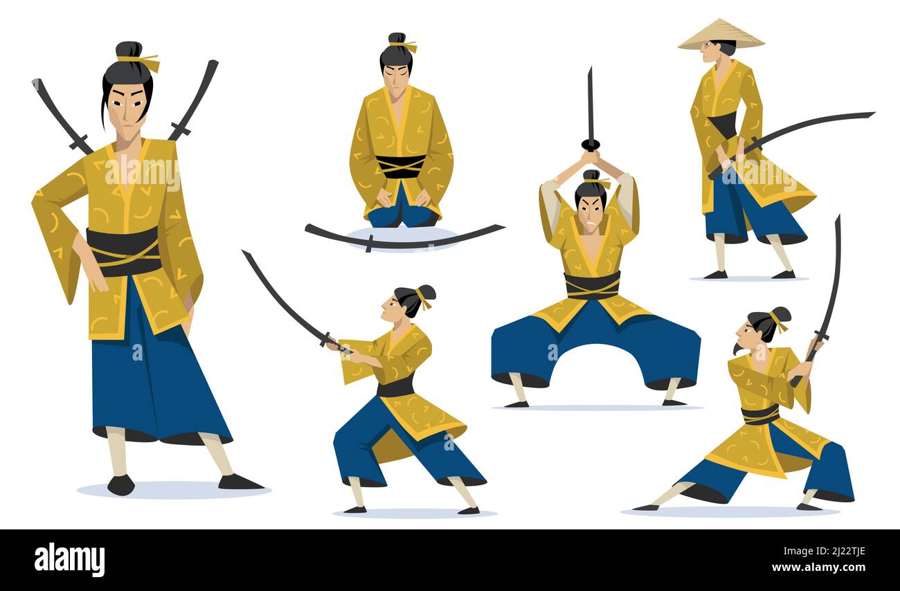 Samurai in different poses set. Traditional Japanese warriors wearing kimono, walking
