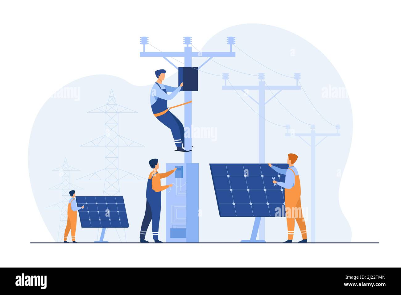 Solar power plant maintenance. Utility workers repairing electric installations, boxes on towers under power lines. For electric network operation, ci Stock Vector
