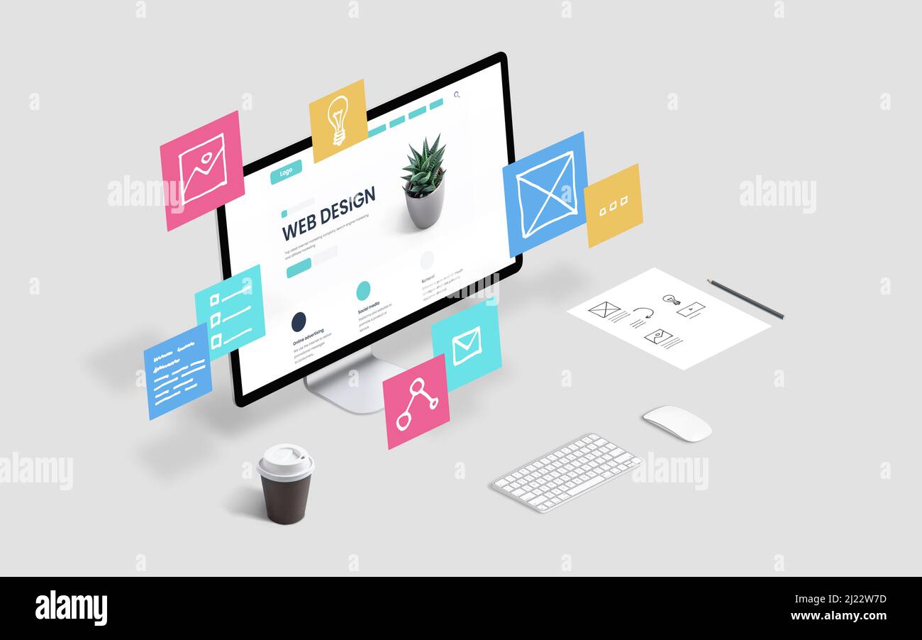 Creative web design studio with flying web page layout elements concept Stock Photo