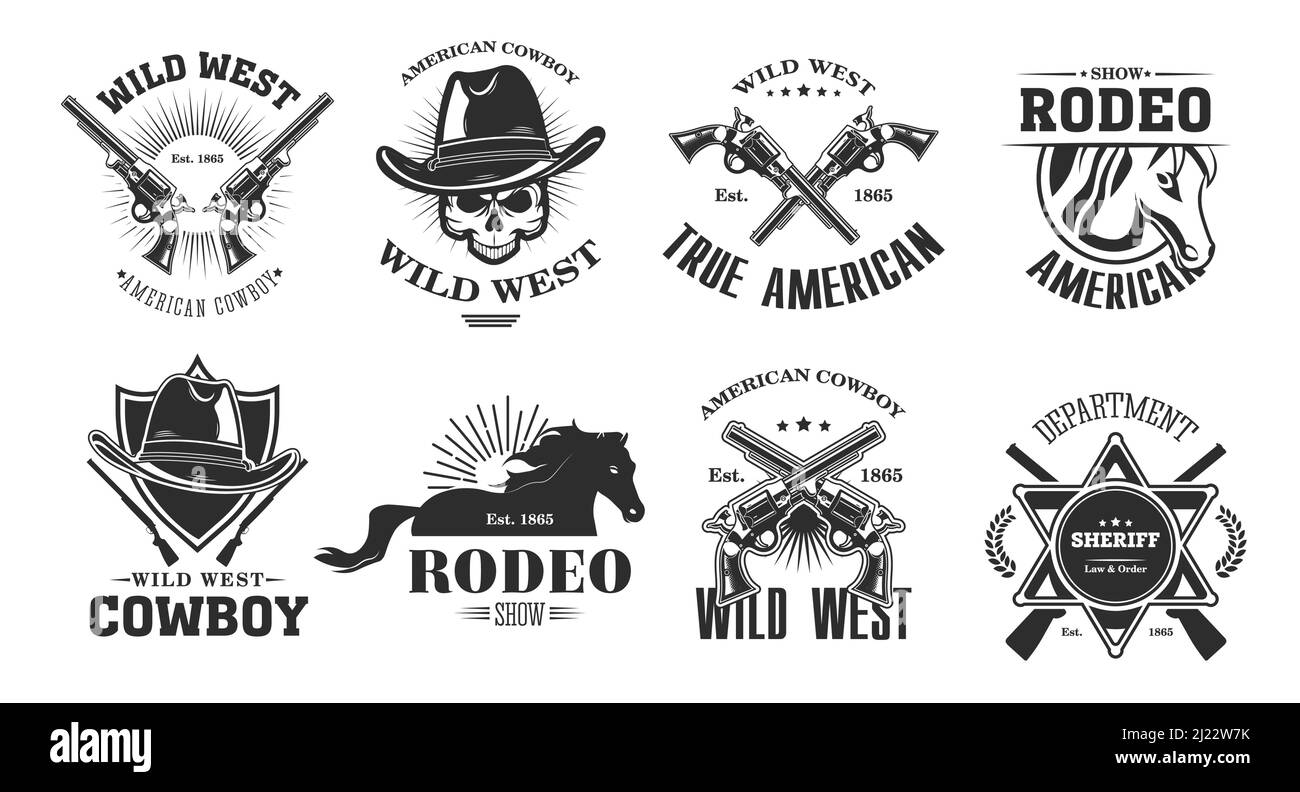 Wild west emblems set. Monochrome elements with skull in cowboy hat, rodeo horse, crossed gun, sheriff badge. Vintage vector illustrations collection Stock Vector