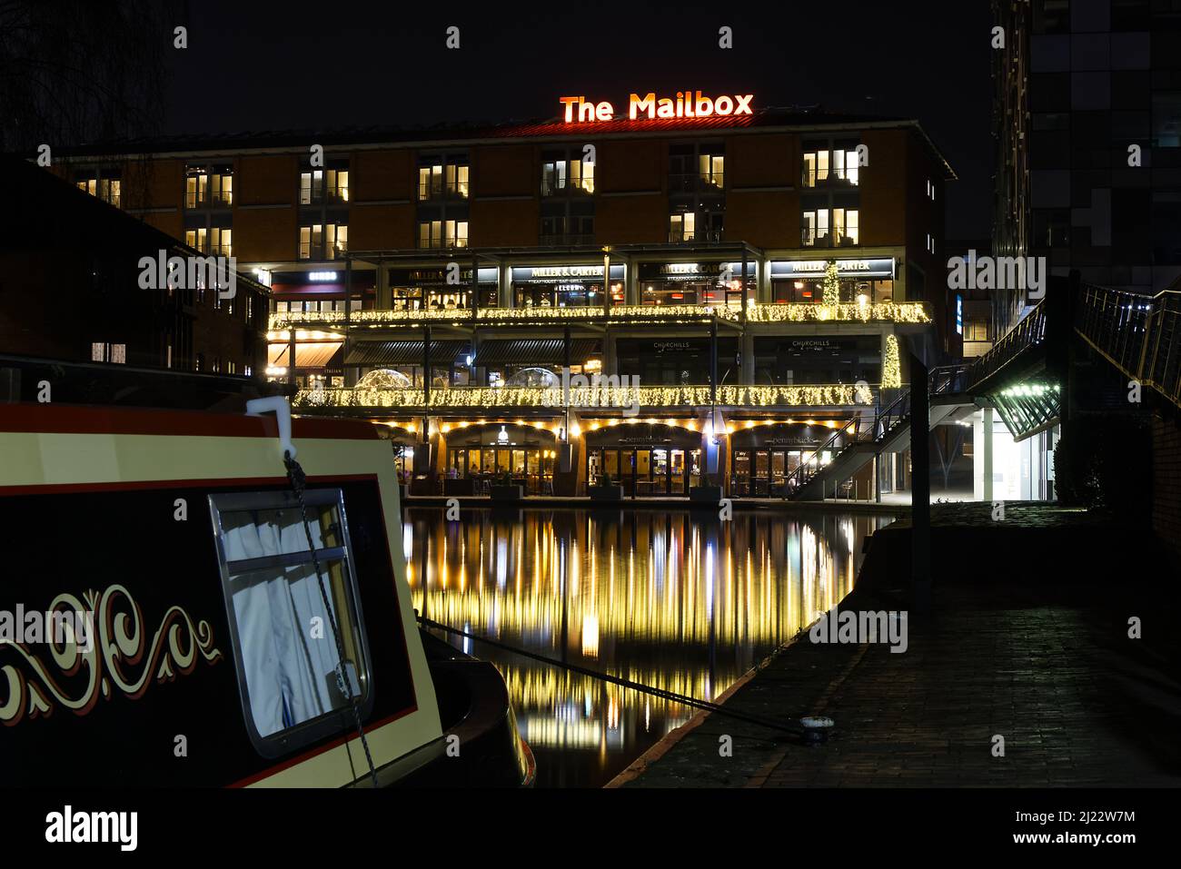 Nighttime light show at The Mailbox, Gas Street Basin, Birmingham UK Stock Photo