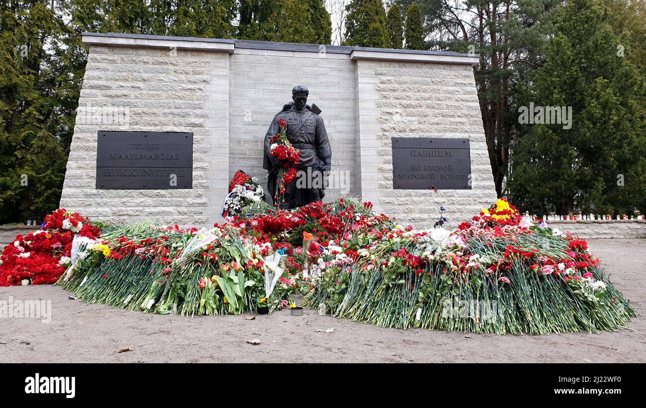 Tallinn, Estonia - May 9, 2021: Bronze Soldier (est: Pronkssõdur) monument. Red Army veterans celebrate Victory Day bringing red carnation flowers Stock Photo