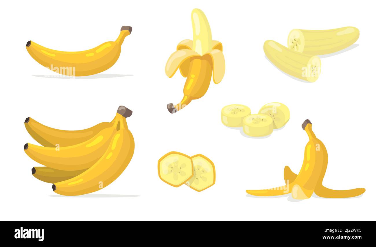 Various banana fruits flat icon set. Cartoon exotic natural dessert ...