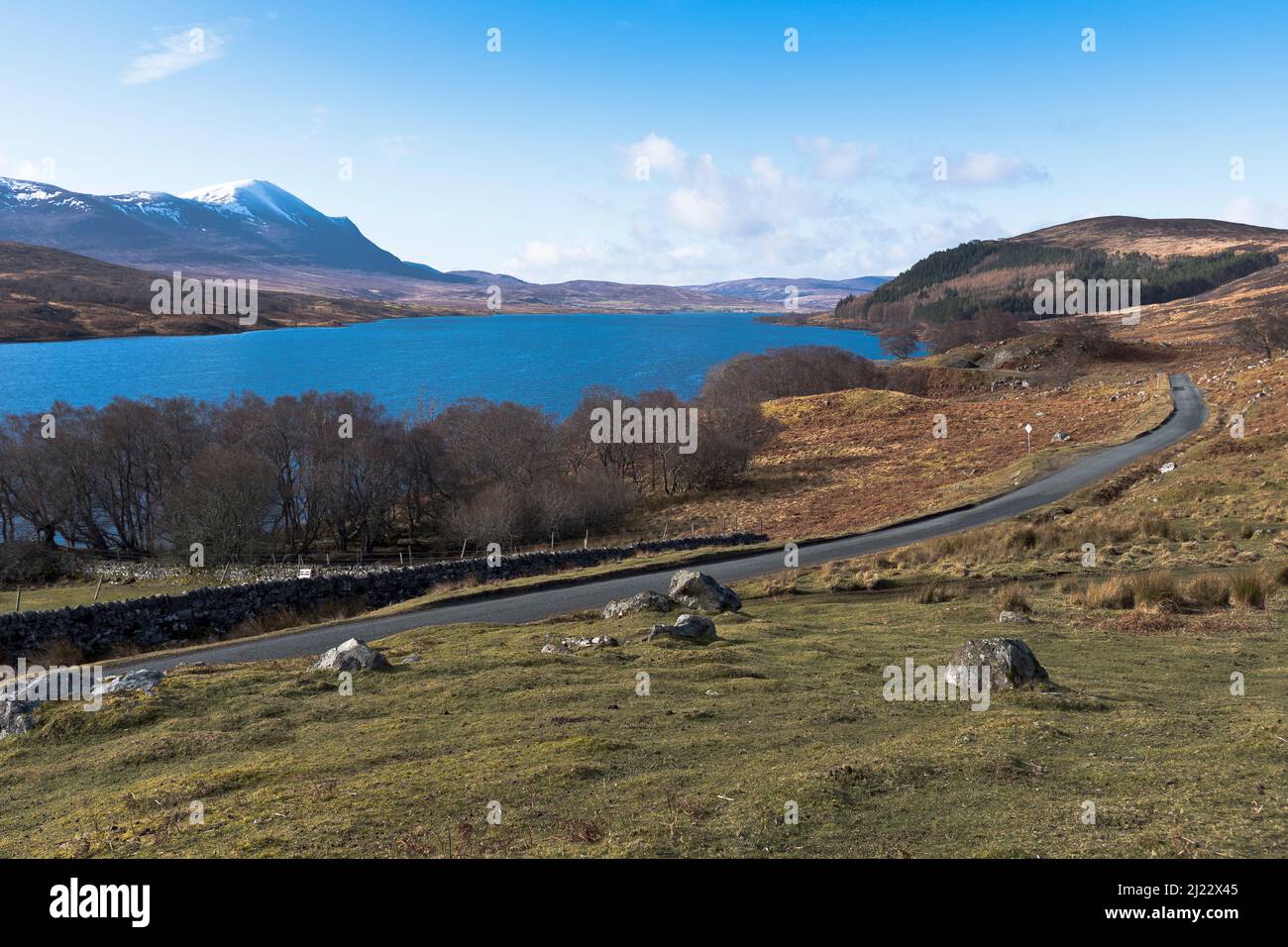 dh Loch Naver STRATHNAVER SUTHERLAND Strath Naver countryside road Ben Klibreck mountain scotland country empty roads nopeople highlands B873 Stock Photo