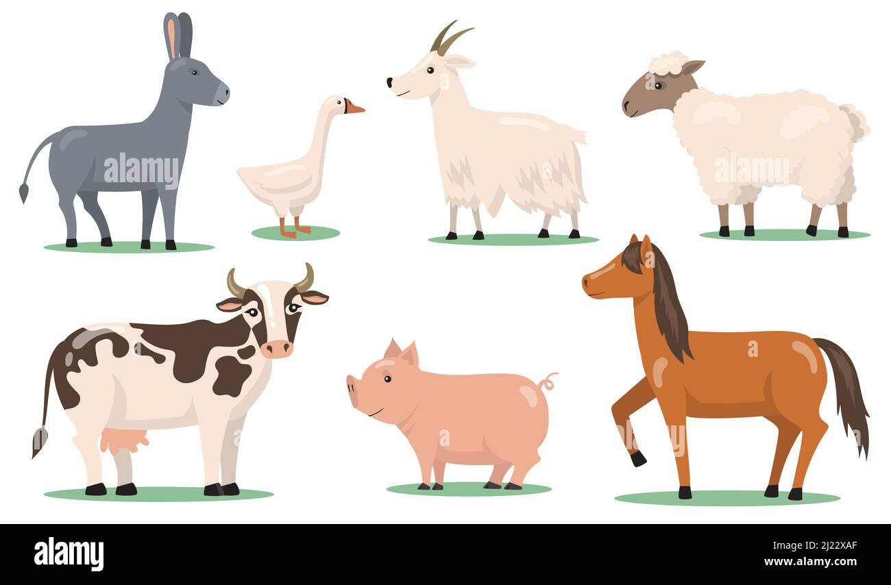 Various animals and pets on farm flat clipart set. Cartoon characters of horse, sheep, pig, goat, goose and donkey isolated vector illustration collec Stock Vector