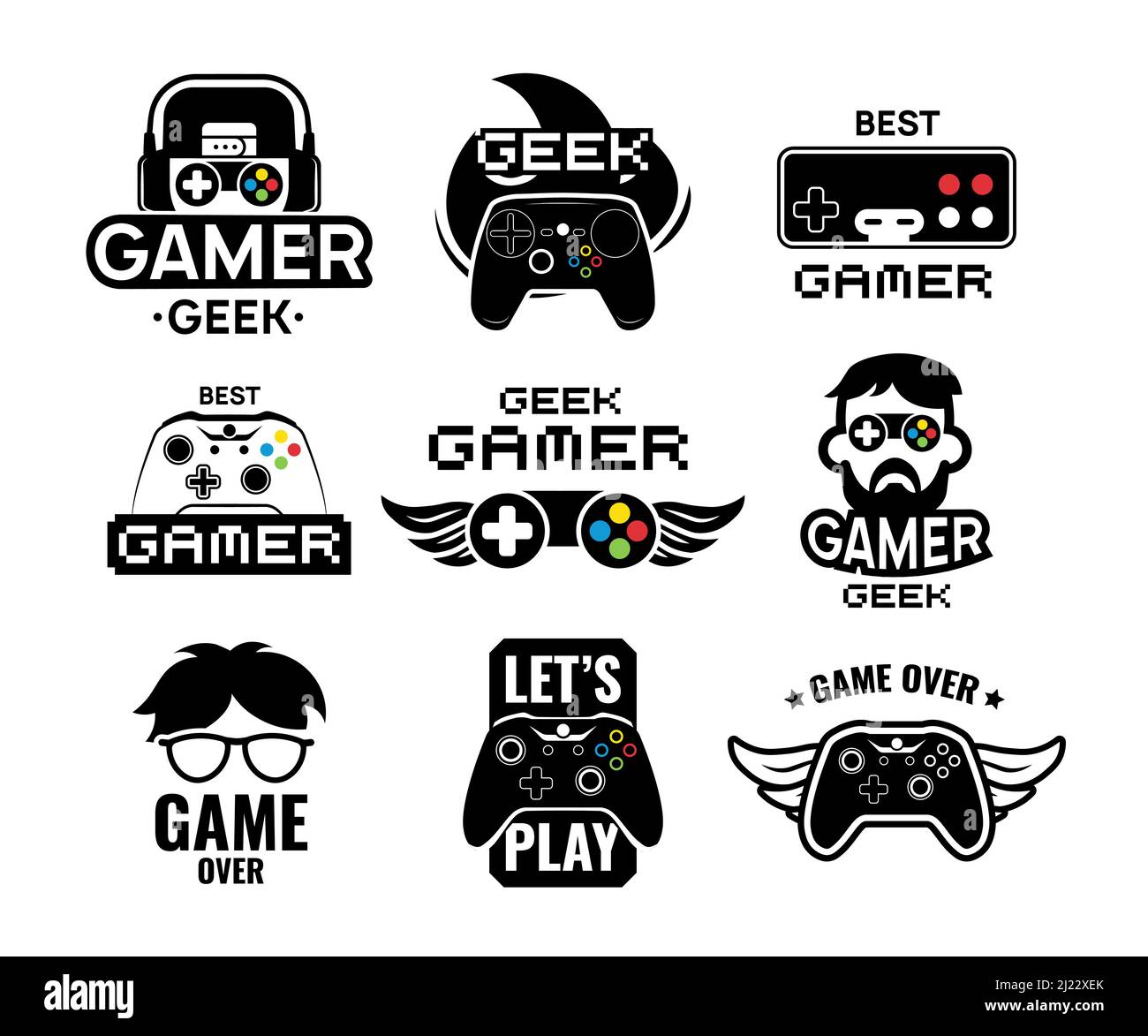 Video game logo set. Emblems with gamer, vintage and modern joystick
