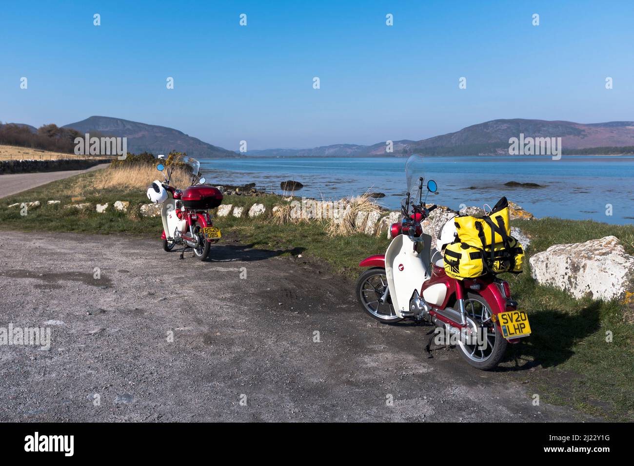 dh Nature Reserve LOCH FLEET SUTHERLAND Motorcycles touring Scottish highlands road Scotland motorcycle parked Stock Photo