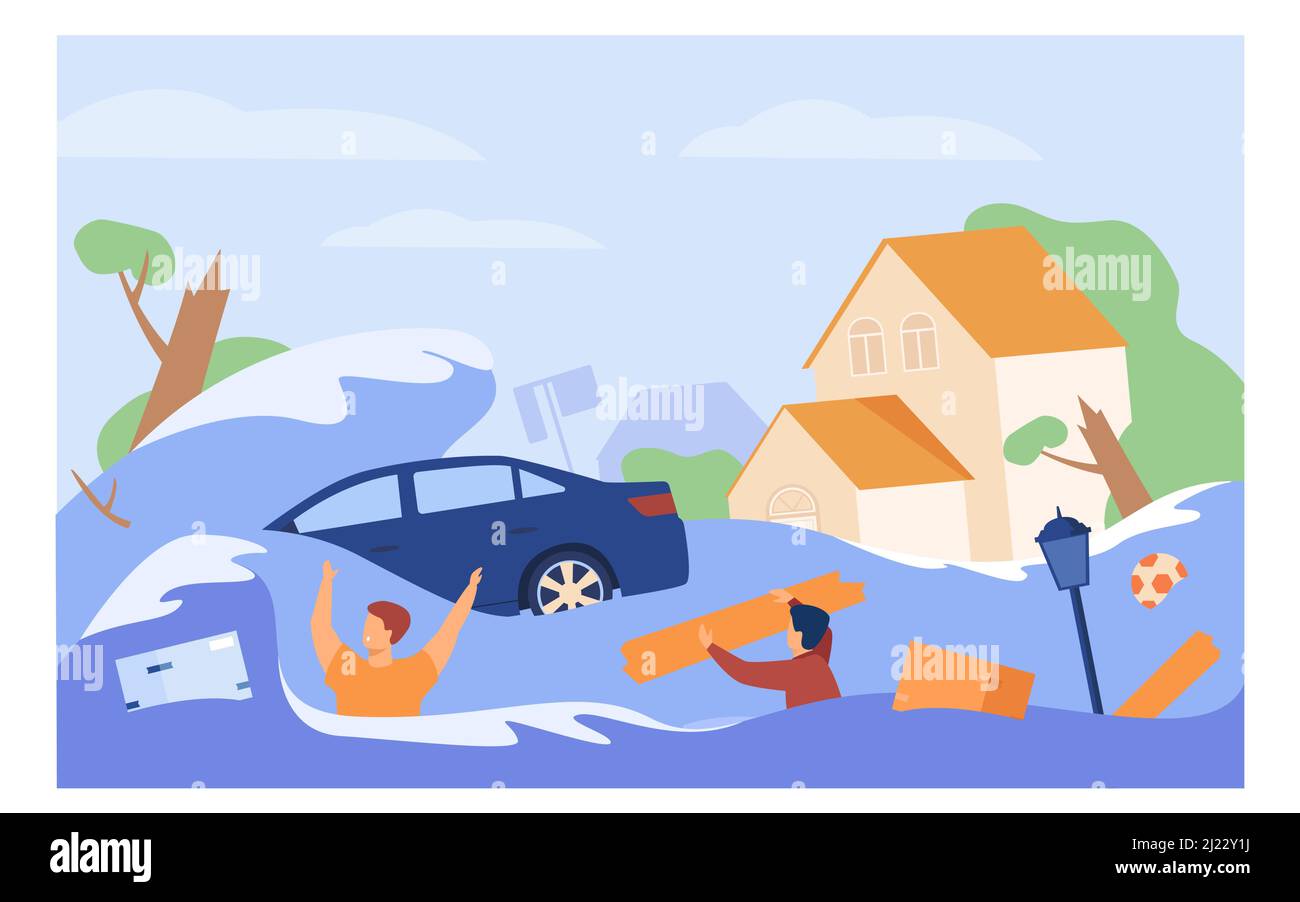 Scary people drowning in water isolated flat vector illustration. Cartoon submerged houses, drowned car during flood or tsunami. Natural disaster, cli Stock Vector